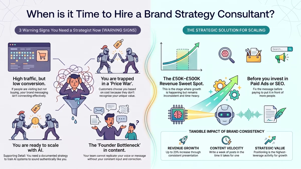 Infographic showing when a brand strategy consultant can help your business